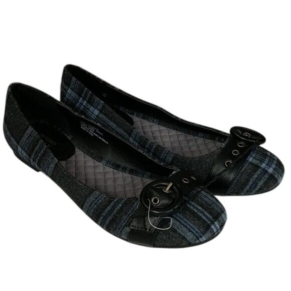 Blue Plaid Emergency Exit Flats With Buckle Accent Size 11M